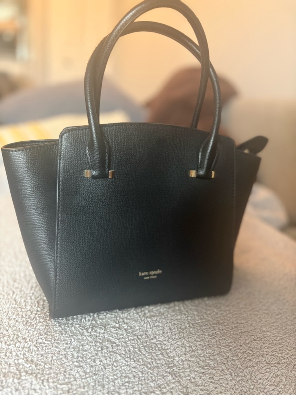 kate spade Black Structured Leather Satchel with Gold Accents